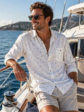 Straight Faded Black Red Bird Print Button Down Shirt Men’s Large Coastal Beach